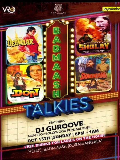 A 'Badmaash Talkies' poster featuring classic Bollywood movie themes, highlighting my ability to cater to specific retro concepts.