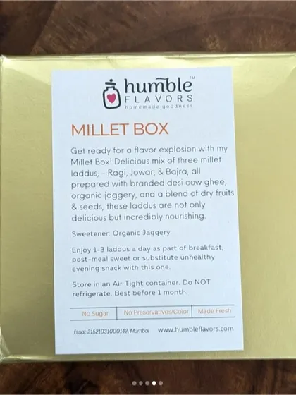This is how my Millet Box reaches you. The box is sturdy and clearly labeled with all the details you need, including the delicious mix of three millet laddus inside, all prepared with desi cow ghee and organic jaggery.