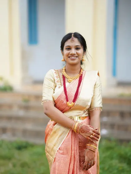 Here, I created a fresh and simple look for Chandana attending her sister's engagement. The makeup is subtle, with a focus on clean skin and a bright smile, paired with a classic silk saree.