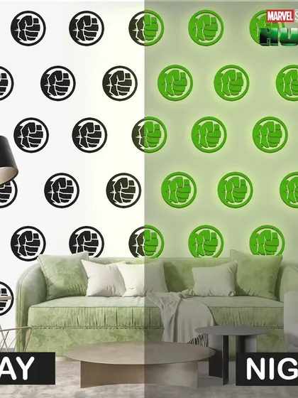 This Hulk-themed wall features glow-in-the-dark fist logos, making the room fun during the day and at night.