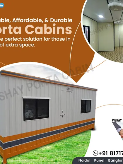 Our portable, affordable, and durable porta cabins are the perfect solution for extra space. This image highlights a standard cabin with a simple, clean exterior and a functional interior.