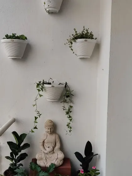 A close-up of the meditation corner, featuring a trailing plant in a wall pot that drapes beautifully over the Buddha statue.