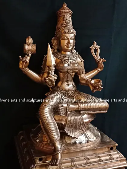 A 21-inch Panchaloha sculpture of Mahamariamman, a powerful form of the mother goddess. This piece, with its intricate details and strong posture, was created for a devotee in Bangalore.
