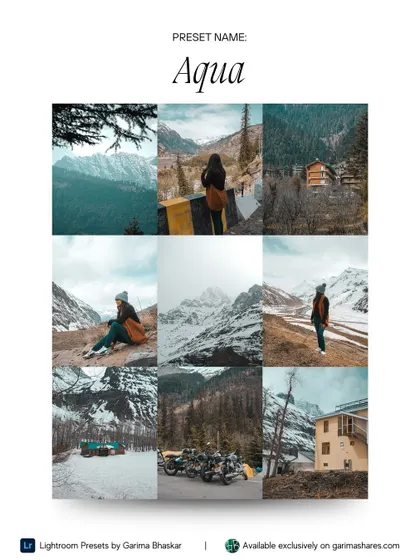 Another collage of the 'Aqua' preset, perfect for anyone who loves shooting in the mountains, snow, or near water.