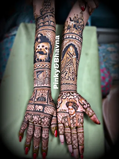 Your whole family is part of your story, even the furry ones. This custom bridal mehndi features portraits of the bride and groom, and on the other arm, a special portrait of their beloved pet dog. I love adding these personal touches that make your wedding mehndi truly one of a kind.