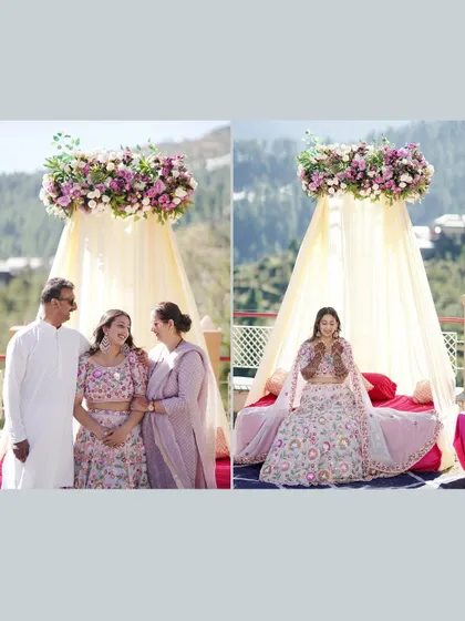 A diptych showing the bride with her parents and posing alone at her Mehandi ceremony. It captures both a precious family moment and a beautiful solo portrait.