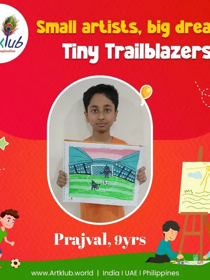 Prajval, age 9, is a tiny trailblazer with big dreams, captured in his exciting soccer game artwork.