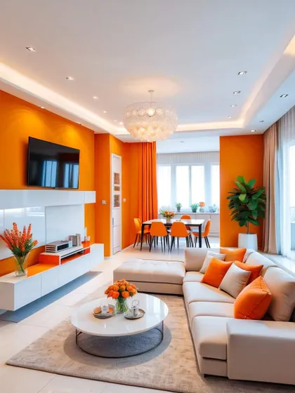 A warm and inviting living room design with a monochrome orange color scheme. The floating TV unit and large sectional sofa make it a comfortable space for relaxation.