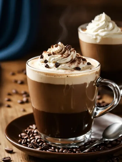 A layered hot coffee drink from Nua Cafe, topped with whipped cream and chocolate chips. This image highlights the variety of specialty hot beverages available to satisfy your cravings.