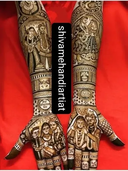 A multi-layered design showing the couple's portraits on the palms, with full-length figures and family scenes on the forearms.