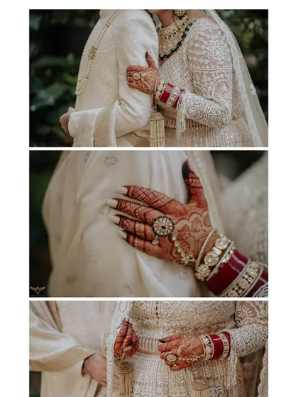 A collage focusing on the details of connection. It highlights the bride's henna-covered hands, her ring, and her embrace, telling a story of love through small, significant gestures.