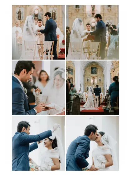 A comprehensive collage of the church ceremony, from the vows and ring exchange to the first kiss as a married couple.