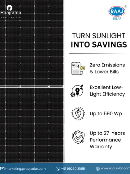 Turn sunlight into savings with our advanced solar panels. Key features include excellent low-light efficiency, zero emissions, up to 590 Wp output, and a robust 27-year performance warranty for decades of free energy.