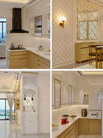 A collage of a luxurious home design, featuring multiple views of a sophisticated kitchen with gold accents, a breakfast bar, and a pooja unit.