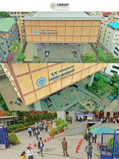 A showcase of the Christ University building on Bannerghatta Road, combining aerial and ground-level perspectives to capture the campus entrance and student flow.