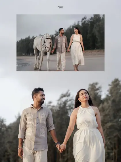 A beautiful collage featuring Kunal and Darshita walking on the beach with a white horse. This adds a touch of fairytale romance and uniqueness to their pre-wedding story.