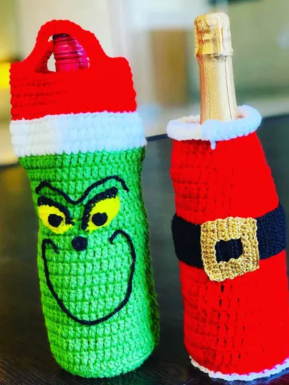 The Grinch and Santa bottle covers, a fun and contrasting pair for your holiday display.