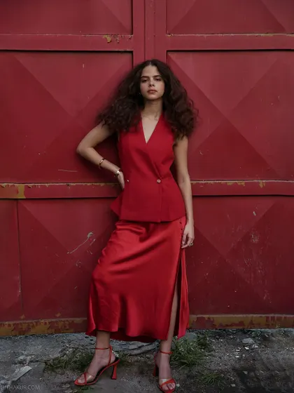 A confident, full-length stance. This shot showcases the entire outfit and the model's powerful presence, making for a great editorial image.