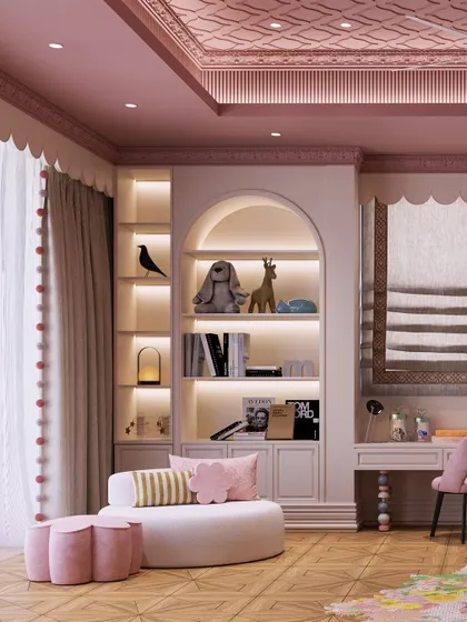 This angle shows the cozy reading corner with its soft seating and scalloped window treatment, creating a perfect spot for quiet moments.