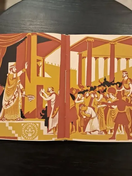 The citizens of Thebes plead with their king in this striking panel from the graphic adaptation of 'Oedipus'.