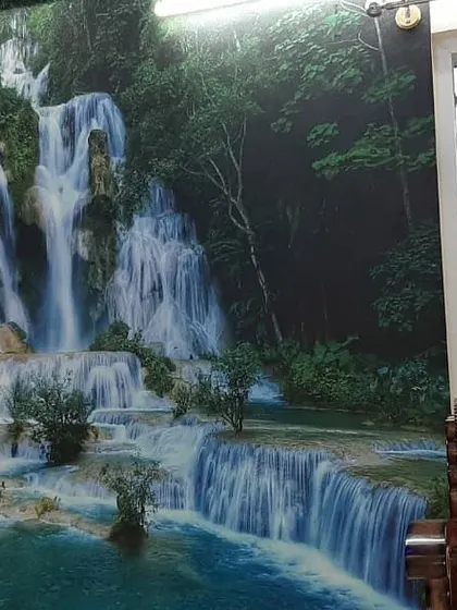 A dramatic waterfall mural installed in a living area, creating a powerful and dynamic natural scene that becomes the centerpiece of the room.