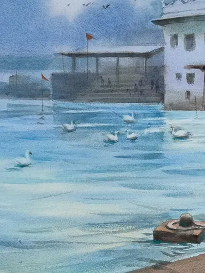 A detail from the Pushkar painting, showing the gentle ripples in the water and the swans swimming peacefully.