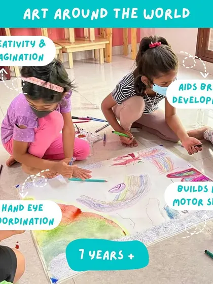 This image explains the developmental benefits of our "Art Around the World" program for ages 7+, such as brain development and fine motor skills.