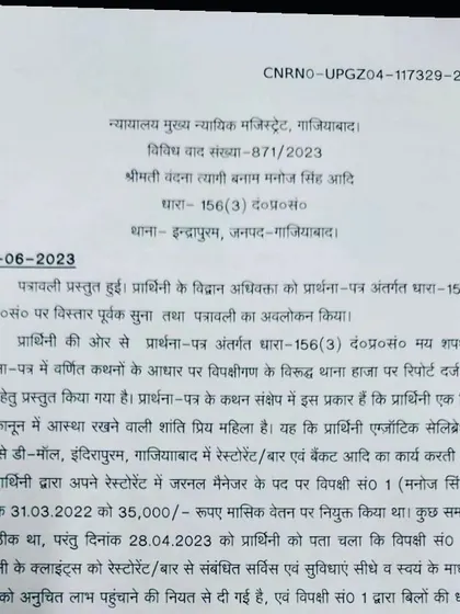 Application details for a 156(3) CrPC case in Ghaziabad. This document shows the case details filed in the Chief Judicial Magistrate court, Ghaziabad, on behalf of a client whose FIR was not being registered by the police.