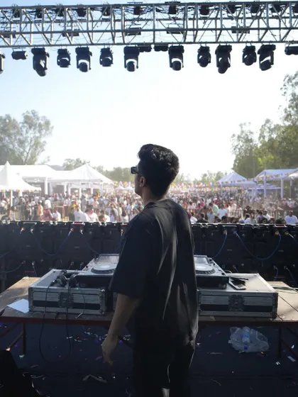 Another perspective from the Sunburn Holi stage, looking out at the massive festival grounds.