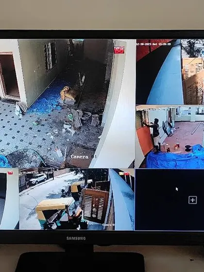 A multi-camera display from a Hikvision 4MP system with color vision and audio. This setup is monitoring a site under construction.
