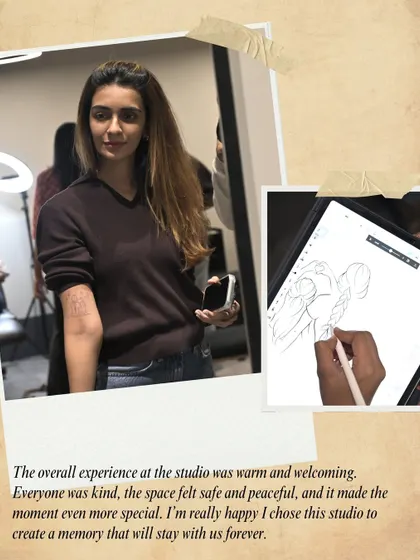 "The overall experience at the studio was warm and welcoming. The space felt safe and peaceful." A happy client with her new tattoo, a permanent memory of her bond with her mother.