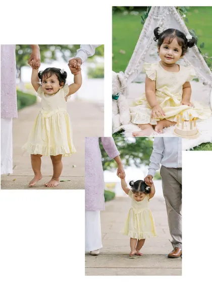 A collage from a first birthday shoot, showing the baby girl's first steps and other sweet moments.