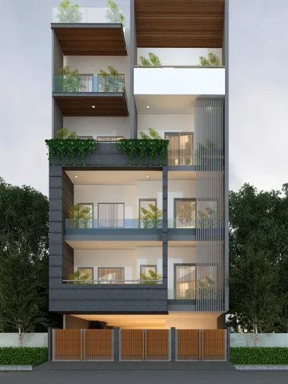 A design for a narrow-plot residential building. We use vertical elements, such as screens and stacked balconies with planters, to draw the eye upward and maximize green space on a compact footprint.