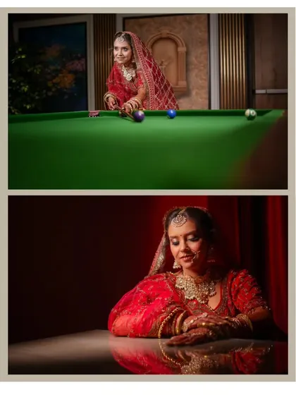 A fun and unique bridal collage, showing the bride both in a traditional pose and playfully at a pool table.