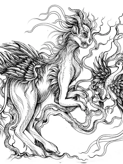 A mythical winged creature and a phoenix, designed to interact with each other. This would make a great concept for a large back piece or a tattoo that covers two limbs.