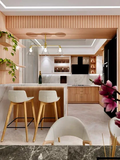This kitchen render showcases a breakfast bar as the heart of the home, with warm wood paneling and elegant lighting creating an inviting atmosphere.