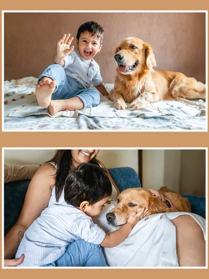 A collage from a lifestyle family shoot at home, showing the beautiful chaos of life with a child and two dogs. These sessions are all about capturing your real life, full of love and toys.