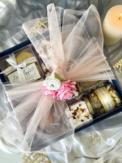 A look inside one of my luxury Diwali hampers, elegantly wrapped and ready for gifting. It includes a variety of my best-selling treats.
