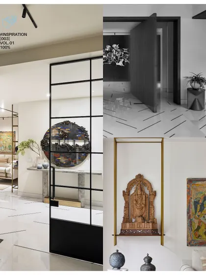 A moodboard-style image showcasing key details of the Nidhi Kunj project. It highlights the pivot door, a traditional wooden sculpture displayed in a modern brass frame, and the use of partitions to create visual interest.