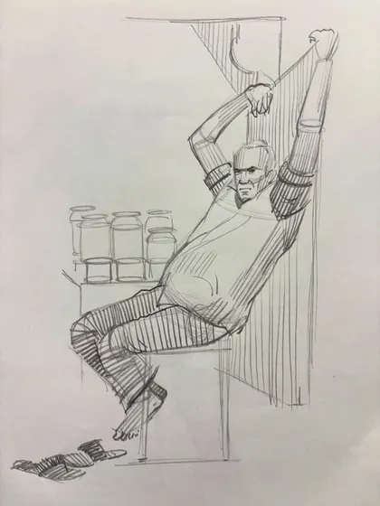 A dynamic sketch of a man in a stretching pose, exploring anatomy and movement.