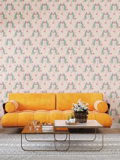 This beautiful wallpaper features a delicate peacock pattern, perfect for creating a sophisticated and unique accent wall in a living room.