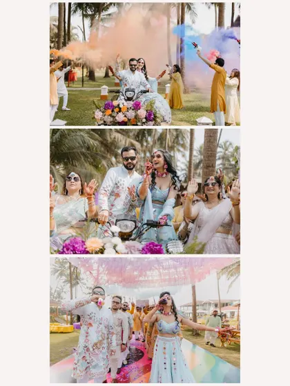 A collage of the couple's fun-filled entry to their Haldi, riding a decorated scooter and walking through a cloud of colored smoke.