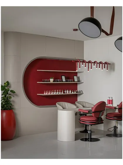 The pedicure and manicure station is designed for comfort and luxury. The rich red chairs and the recessed, textured wall niche create a cozy and intimate setting for clients to relax and be pampered.