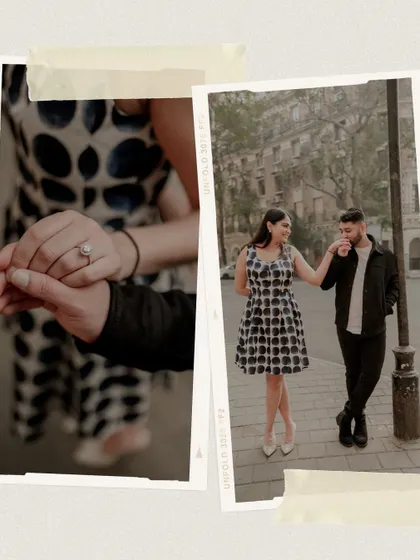 A creative collage focusing on details like the engagement ring and the couple's interaction.