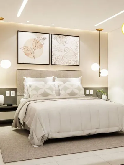A slightly different angle of the bright bedroom, showing the reflection in the mirrored wardrobe which adds to the room's spacious feel.