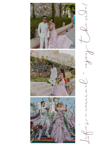 A vertical collage that tells a story of the couple enjoying their wedding carnival. The handwritten-style text adds a personal and whimsical touch.