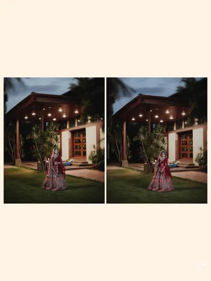 A diptych of the bride in her full wedding lehenga, posing outside at dusk.