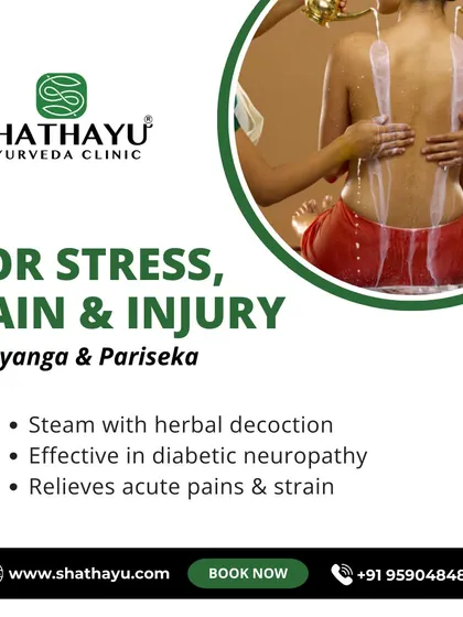 This image shows the Parisheka therapy, where a warm herbal decoction is poured over the body. Combined with Abhyanga massage, it is highly effective for relieving stress, acute pain, and nerve pain from diabetic neuropathy.