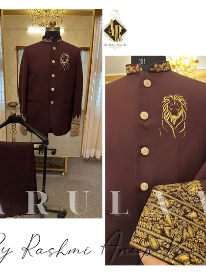 A regal look with this maroon Jodhpuri suit. I designed it with a prominent lion motif on the chest and heavily embroidered cuffs, using gold thread to create a look of strength and royalty.