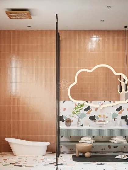 A render for a playful kids' bathroom with a cloud-shaped backlit mirror. The space uses a mix of terrazzo flooring, patterned tiles, and soft pink wall tiles.